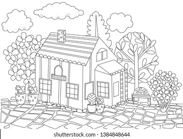 fashion house with blossom garden for your coloring book