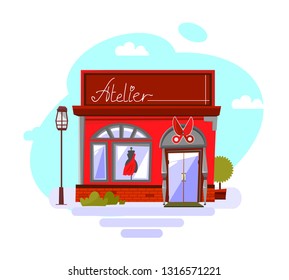 Fashion House, Tailoring Or Clothing Store. Cute Funny Little House In A Cartoon Style.