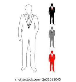 Fashion icon of an adult man turning his head to the side wearing a suit with a long tie and his left hand in his pocket, line icon, black, dark white and red in color.