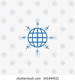 Fashion Icon aircraft around the world. icon. vector design background with snowflakes