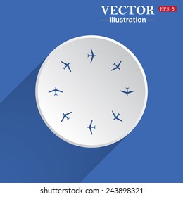 Fashion Icon Aircraft, computer display, white circle on a blue background with shadow. Vector illustration, EPS 8