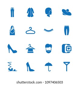 Fashion icon. collection of 16 fashion filled icons such as hanger, eyelash, woman shoe, sandals, underpants, tie, woman pants. editable fashion icons for web and mobile.