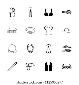 Fashion icon. collection of 16 fashion filled and outline icons such as hair dryer, nailfile, man hairstyle, shirt, woman pants. editable fashion icons for web and mobile.