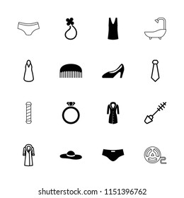 Fashion icon. collection of 16 fashion filled and outline icons such as singlet, woman shoe, man swim wear, mascara, dress. editable fashion icons for web and mobile.