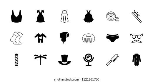 Fashion icon. collection of 18 fashion filled and outline icons such as sport bra, jacket, dragonfly, comb, hair brush, skirt. editable fashion icons for web and mobile.