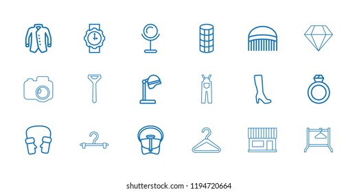 Fashion icon. collection of 18 fashion outline icons such as comb, salon hair dryer, mirror, woman boot, hair curler, bag, mittens. editable fashion icons for web and mobile.