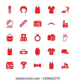 Fashion icon. collection of 25 fashion filled icons such as camera, mustache, comb, woman bag, hairstyle, shirt, singlet, jacket. editable fashion icons for web and mobile.