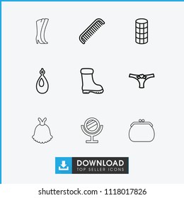 Fashion icon. collection of 9 fashion outline icons such as comb, hair curler, earring, boot, panties with heart, mirror. editable fashion icons for web and mobile.