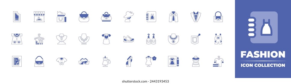Fashion icon collection. Duotone style line stroke and bold. Vector illustration. Containing pamela hat, necklace, spring collection, handbag, fashion design, clothes, fashion, art and design.