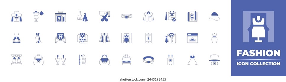 Fashion icon collection. Duotone style line stroke and bold. Vector illustration. Containing dress, trade show, women hat, clothing, catalogue, summer collection, handbag, skirt, showroom, belt.