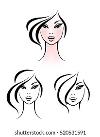 Fashion icon logo set. Women face isolated. Vector girl illustration.