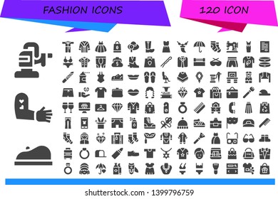 fashion icon set. 120 filled fashion icons.  Simple modern icons about  - Polisher, Beret, Tattoo, Bathrobe, Uniform, Dress, Shopping bag, Pamela, Boots, Necklace, Umbrella, Socks