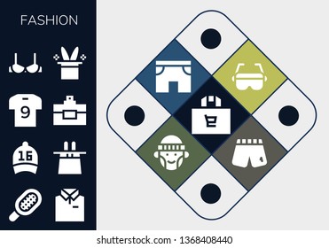 fashion icon set. 13 filled fashion icons.  Collection Of - Shopping bag, Comb, Shirt, Cap, Magic hat, Soccer jersey, Perfume, Brassiere, Glasses, Shorts, Hipster