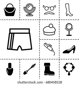 Fashion icon. set of 13 filled and outline fashion icons such as nail polish, mirror, mascara, necklace, woman bag, boot, woman shoe, hair curler, mustache and glasses