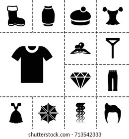 Fashion icon. set of 13 filled fashion icons such as boot, man hairstyle, curly hair, woman in spa, diamond, blouse, tie, woman pants, skirt, dress, woman hat, t-shirt