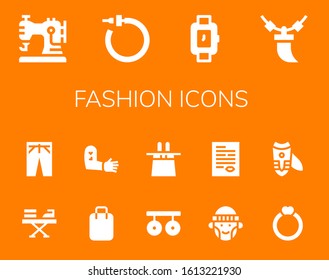 fashion icon set. 14 filled fashion icons.  Simple modern icons such as: Sewing machine, Earrings, Wristwatch, Necklace, Iron, Trousers, Shopping bag, Tattoo, Rings, Magic hat