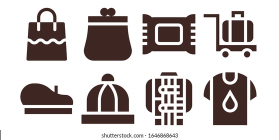 fashion icon set. 8 filled fashion icons.  Simple modern icons such as: Beret, Bag, Baby hat, Purse, Jacket, Makeup remover, Shirt, Luggage