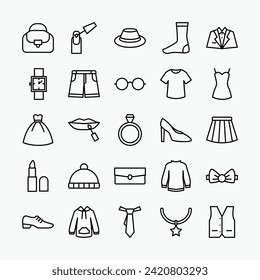 Fashion icon set. Clothes, lifestyle, dress, shop symbol collection. Vector illustration.