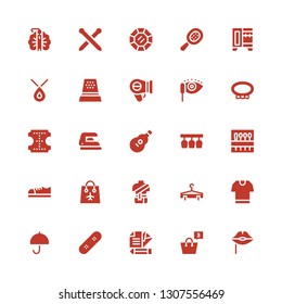fashion icon set. Collection of 25 filled fashion icons included Lips, Shopping bag, Letter, Skate, Umbrella, Tshirt, Hanger, Clothes, Bag, Shoes, Needle, Glasses, Acoustic guitar