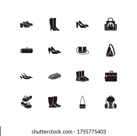 Fashion icon set and duffel bag with mary janes, computer bag and knee high boots. Kitten heel shoes related fashion icon vector for web UI logo design.