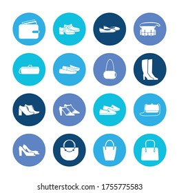 Fashion icon set and duffel bag with safari bag, shopper bag and t-strap shoes. Packing related fashion icon vector for web UI logo design.
