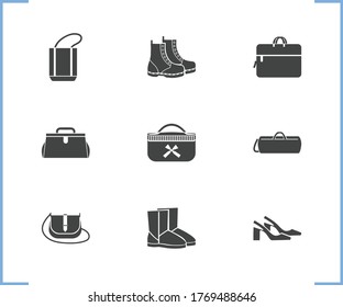 Fashion icon set and duffel bag with computer bag, sling backs and cosmetic bag. Holdall related fashion icon vector for web UI logo design.