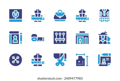 Fashion icon set. Duotone color. Vector illustration. Containing necklace, mask, handbag, fashion design, fashion, designer, shop, button, sketch, scissors, mannequin, fabric pattern.