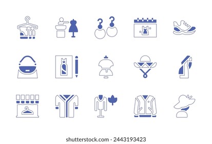 Fashion icon set. Duotone style line stroke and bold. Vector illustration. Containing pamela hat, autumn collection, dummy, store, saree, pants, press conference, design, calendar, tshirt, earrings.