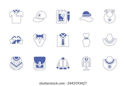 Fashion icon set. Duotone style line stroke and bold. Vector illustration. Containing women hat, jacket, dress, sketch, polo, suit, poncho, tie, baby bib, pocket, jewelry, cap, sunglasses.