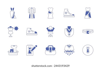 Fashion icon set. Duotone style line stroke and bold. Vector illustration. Containing clothes, tie, dress, summer collection, mannequin, sketch, jewelry, uniform, hand bag, sneakers, ruana, belt.