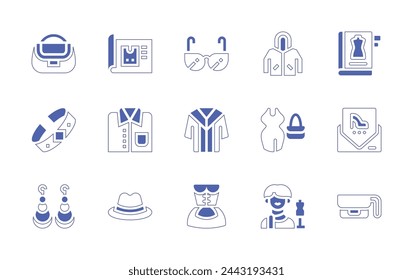 Fashion icon set. Duotone style line stroke and bold. Vector illustration. Containing fedora hat, folded, fashion design, fashion designer, trend, book, dress, bracelet, oktoberfest, earrings.