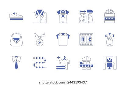 Fashion icon set. Duotone style line stroke and bold. Vector illustration. Containing baby clothes, trade show, sneakers, handbag, laundry, shirt, video recording, mannequin, dress, costume, tote bag.