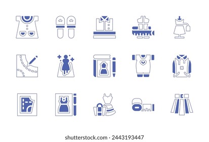 Fashion icon set. Duotone style line stroke and bold. Vector illustration. Containing fashion, catwalk, pattern, sweatshirt, baby clothes, clothes, skirt, slippers, baby dress, fashion design.