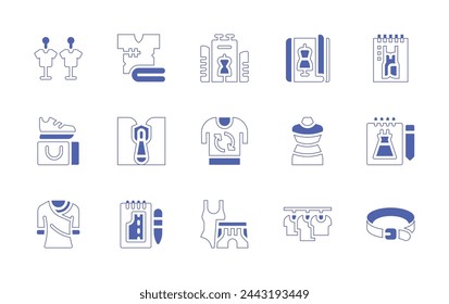 Fashion icon set. Duotone style line stroke and bold. Vector illustration. Containing second hand, clothing, clothes, catalogue, trade show, sari, zipper, clothes hanger, shopping bag, swimming suit.