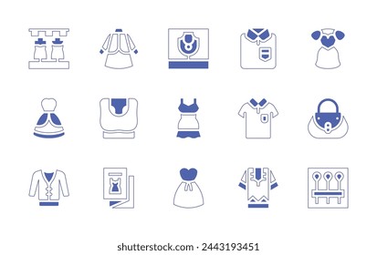 Fashion icon set. Duotone style line stroke and bold. Vector illustration. Containing polo shirt, sport bra, dress, cardigan, clothes, showroom, handbag, shirt, necklace, fashion, brochure.