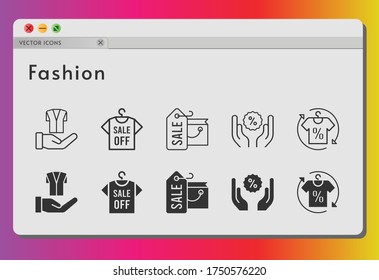 fashion icon set. included shopping bag, shirt, jacket, discount icons on white background. linear, filled styles.