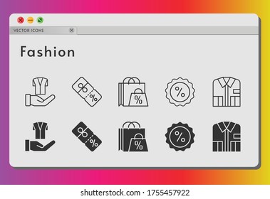 fashion icon set. included shopping bag, shirt, jacket, discount icons on white background. linear, filled styles.
