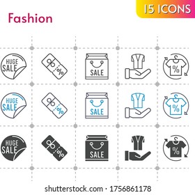 fashion icon set. included shopping bag, sale, shirt, discount, jacket icons on white background. linear, bicolor, filled styles.