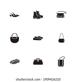 Fashion Icon Set And Muff Bag With Safari Bag, Dr Martens And Jellies Shoes. Fashionable Related Fashion Icon Vector For Web UI Logo Design.