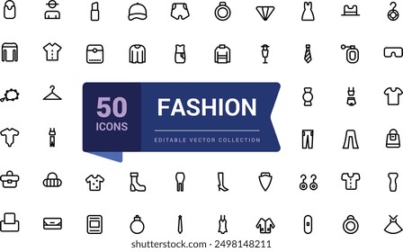 Fashion icon set. Related to clothing icon set in linear style. Minimalist thin linear web ui icon set. Simple editable vector stroke illustration.