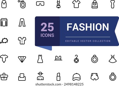 Fashion icon set. Related to clothing icon set in linear style. Minimalist thin linear web ui icon set. Simple editable vector stroke illustration.