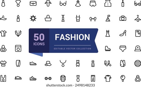 Fashion icon set. Related to clothing icon set in linear style. Minimalist thin linear web ui icon set. Simple editable vector stroke illustration.