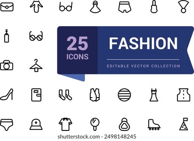 Fashion icon set. Related to clothing icon set in linear style. Minimalist thin linear web ui icon set. Simple editable vector stroke illustration.