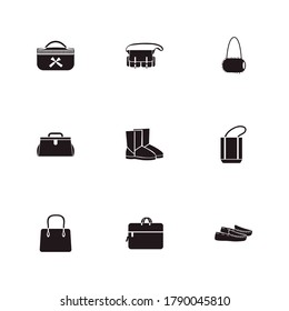 Fashion icon set and safari bag with uggs, cosmetic bag and computer bag. Comfortable shoes related fashion icon vector for web UI logo design.
