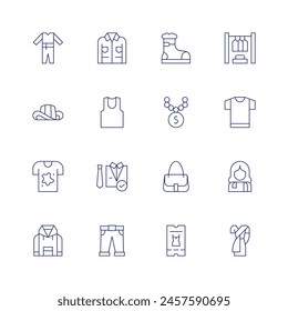 Mode-Icon-Set. Dünne Linie Symbol. Bearbeitbarer Strich. Mit Kostüm, T-Shirt, Vueltiao, Kapuzenpullover, Dresscode, Stiefel, Jeansjacke, Tasche, Singlet, Halskette, Hose, Ticket.