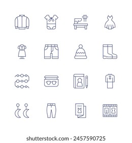 Fashion icon set. Thin line icon. Editable stroke. Containing beads, jacket, costume, earring, eyeglasses, trousers, babydress, bermuda, fashion, hat, shoemaker.