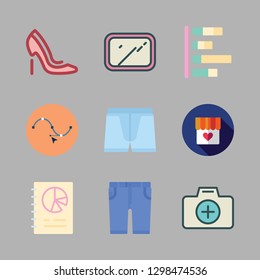 fashion icon set. vector set about photo camera, high heels, shorts and shop icons set.