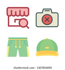 fashion icon set. vector set about cap, shorts, photo camera and store icons set.