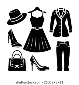 Fashion icon set vector with clothing and accessory silhouettes, perfect for branding or design.