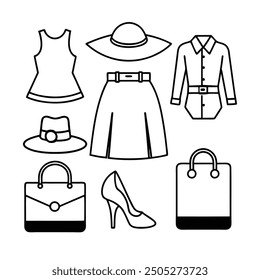 Fashion icon set vector with clothing and accessory silhouettes, perfect for branding or design.